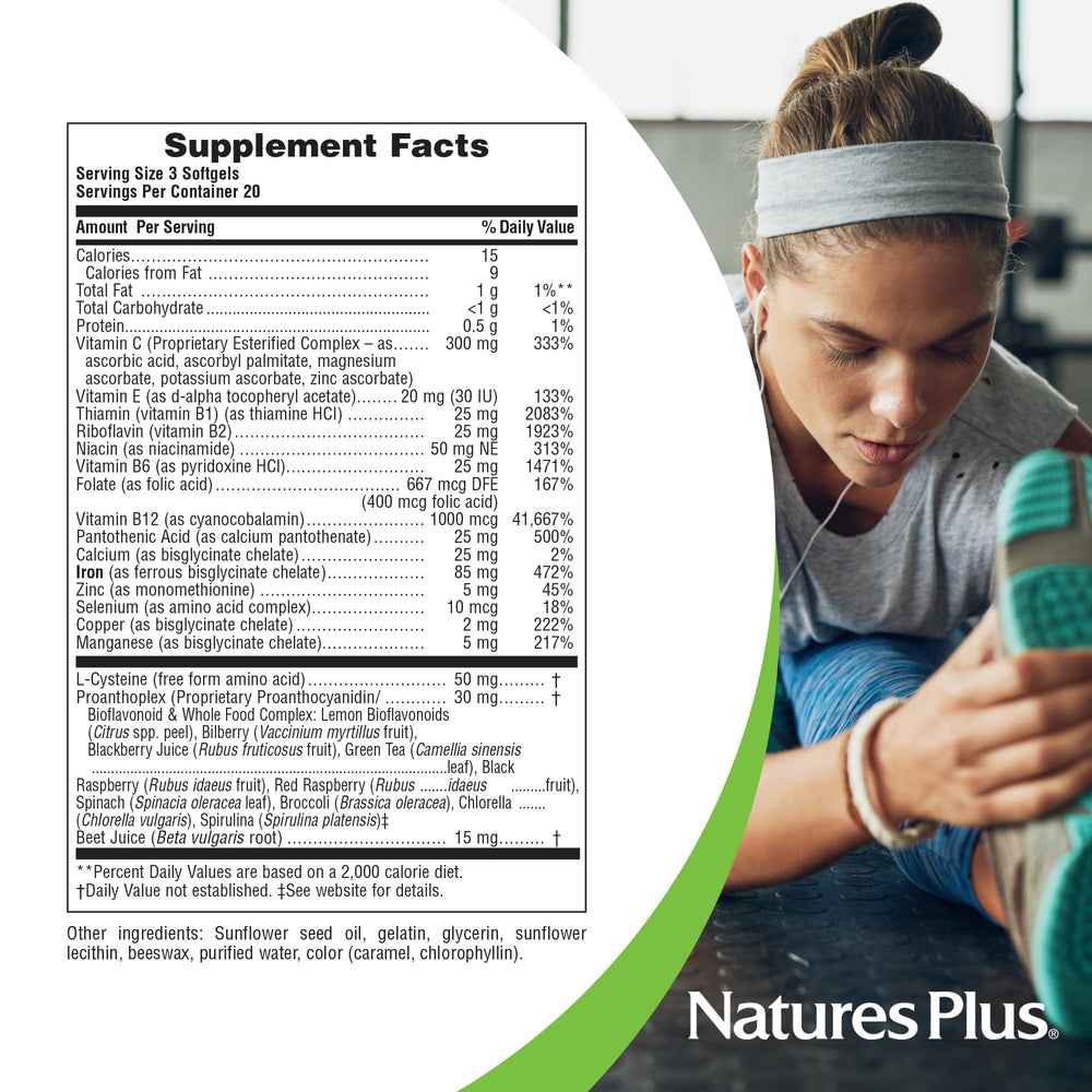 Nutrition facts panel for NaturesPlus Hema-Plex Iron