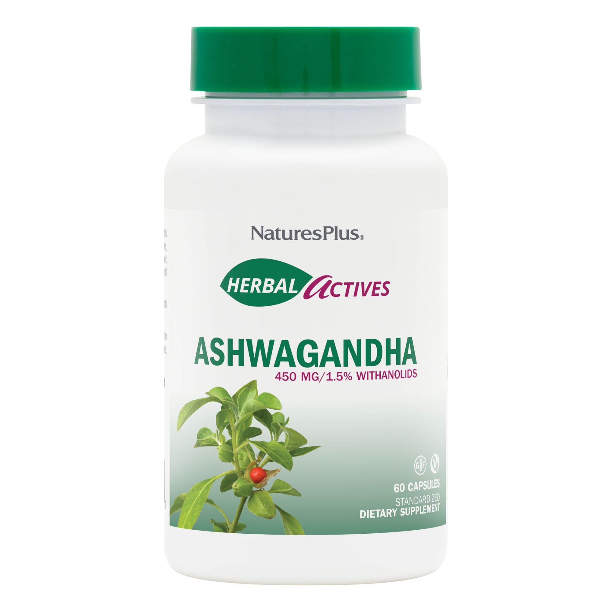 NaturesPlus Herbal Actives Ashwagandha 450 mg bottle – 60 vegetarian capsules
