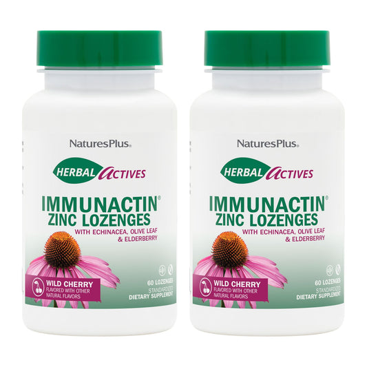 Front view of NaturesPlus ImmunActin Zinc Lozenges Wild Cherry flavor (pack of 2).