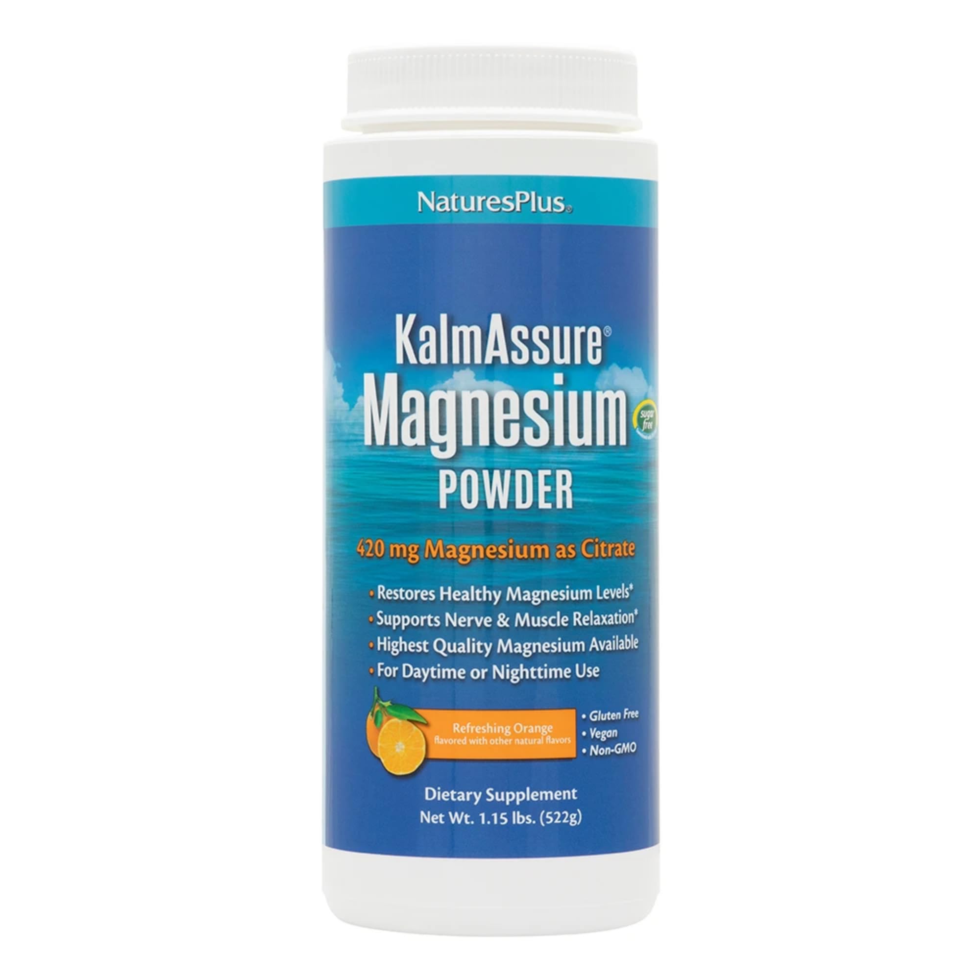 Front view of NaturesPlus KalmAssure Magnesium Powder Orange Flavor tin, 1.15 lb, 60 servings