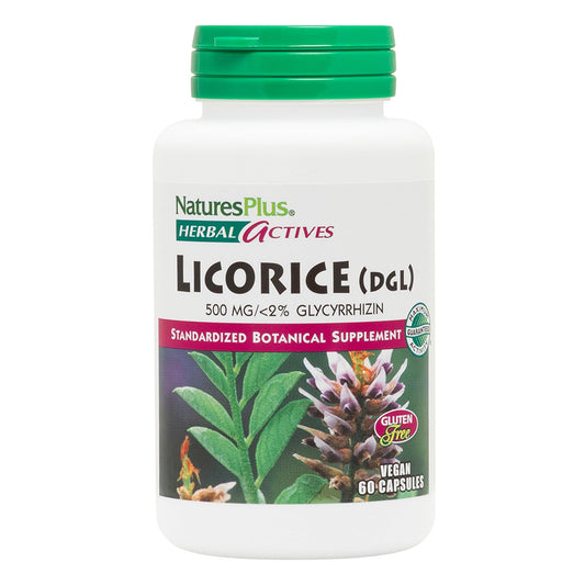 Bottle of NaturesPlus Herbal Actives Licorice DGL Capsules