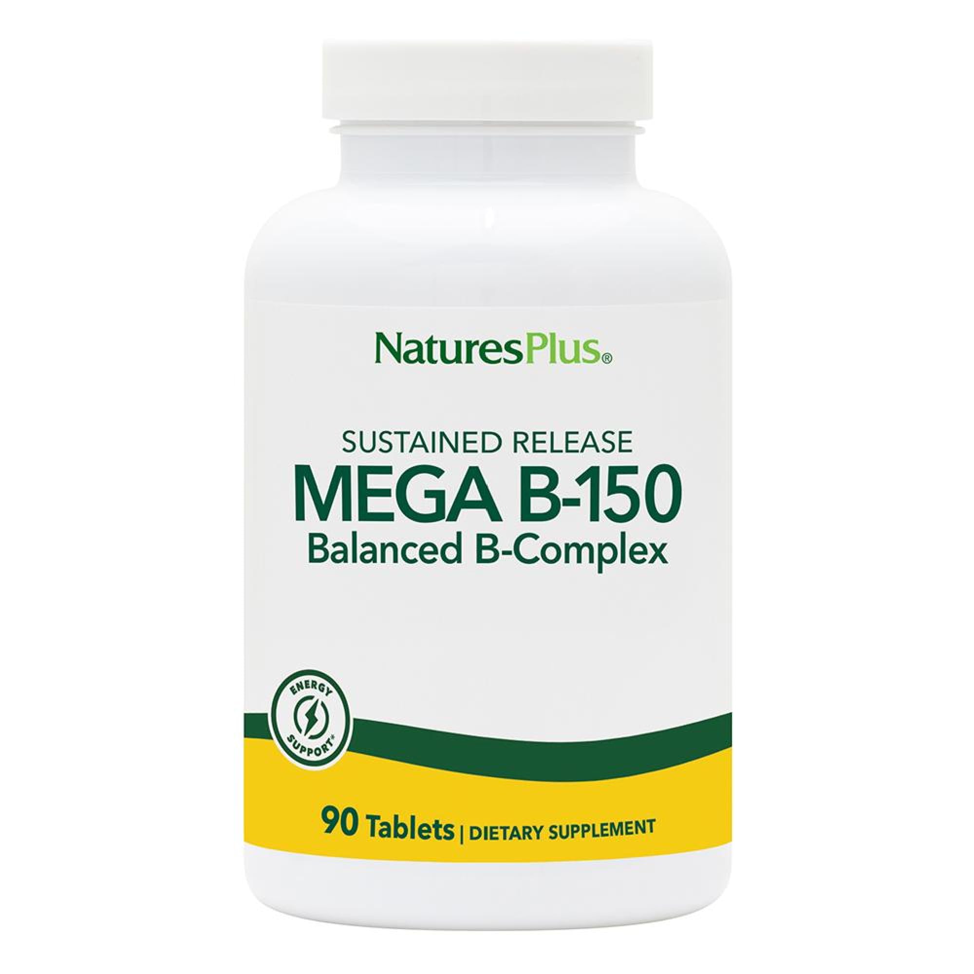 NaturesPlus Mega B-150 Complex bottle label close-up highlighting vitamin potency
