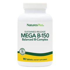 NaturesPlus Mega B-150 Complex bottle label close-up highlighting vitamin potency
