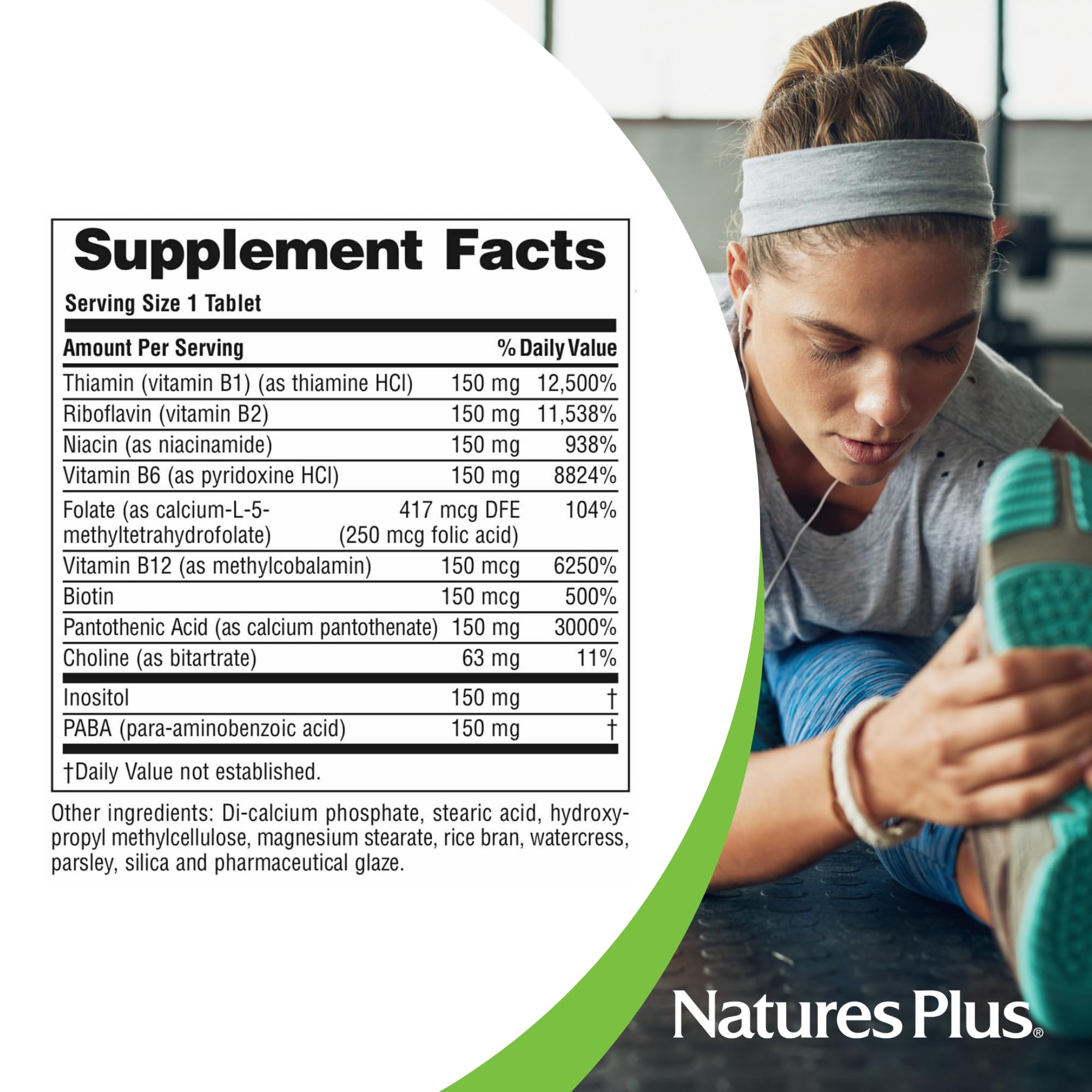 NaturesPlus Mega B-150 Complex tablets on a morning desk setup
