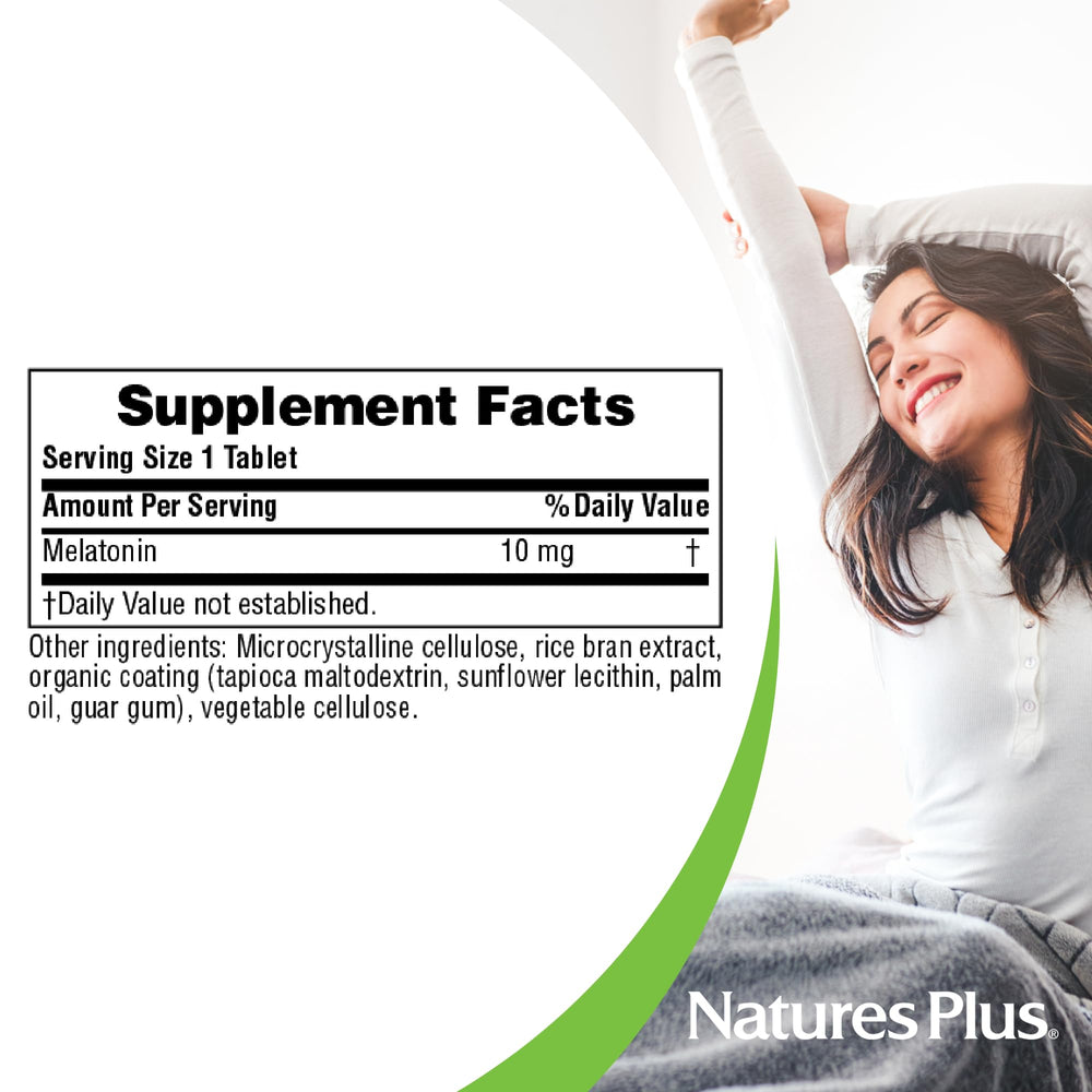 Close-up of NaturesPlus melatonin 10 mg tablets packaging