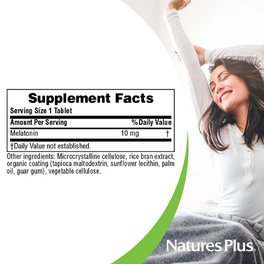 Close-up of NaturesPlus melatonin 10 mg tablets packaging