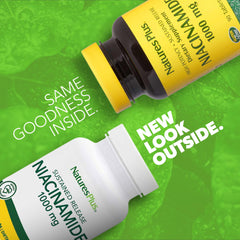 Close-up of Niacinamide label showing 90 tablets and gluten-free, vegetarian notes