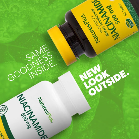 Nutrition facts label for Niacinamide 500 mg tablets