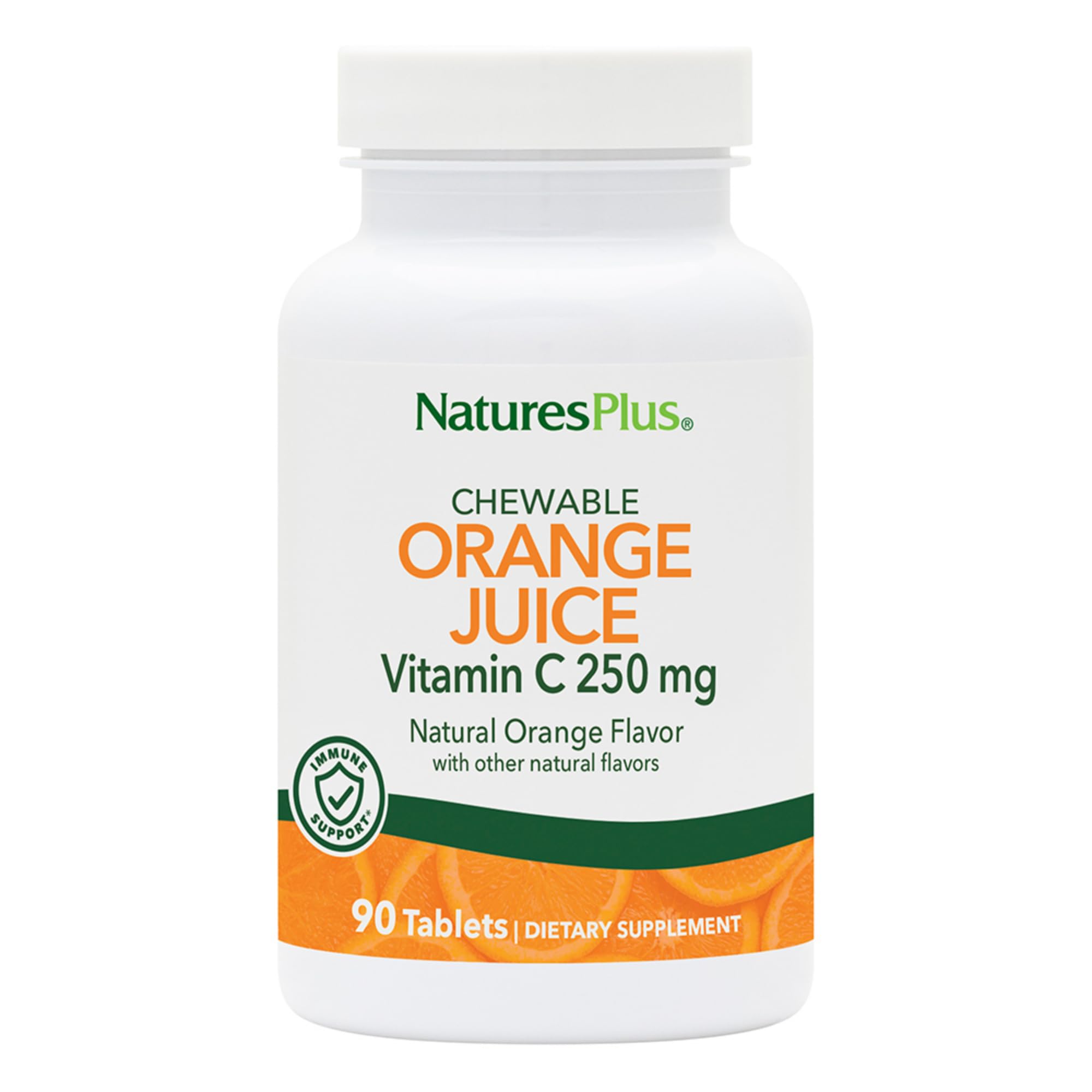 Front view of NaturesPlus Orange Juice C 250 mg chewable tablets bottle