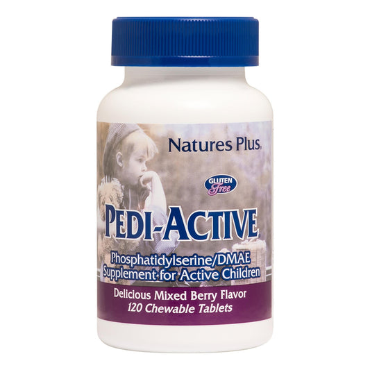 Close-up of NaturesPlus Pedi-Active LECI-PS DMAE Complex 120 chewable tablets in mixed berry flavor