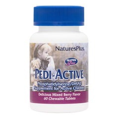 Front view of NaturesPlus Pedi-Active LECI-PS DMAE chewable tablets in mixed berry flavor