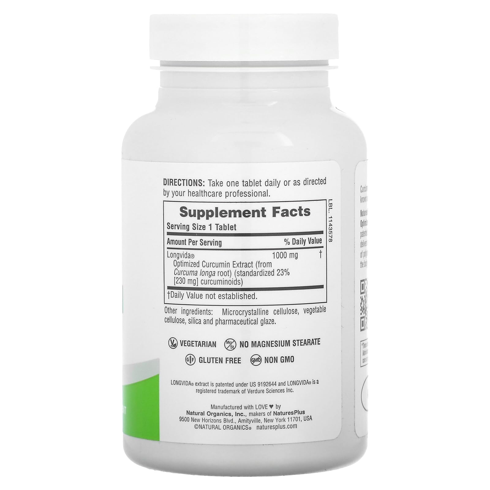 Close-up of NaturesPlus PRO Longvida Curcumin label and tablet information