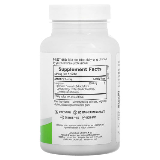 Close-up of NaturesPlus PRO Longvida Curcumin label and tablet information