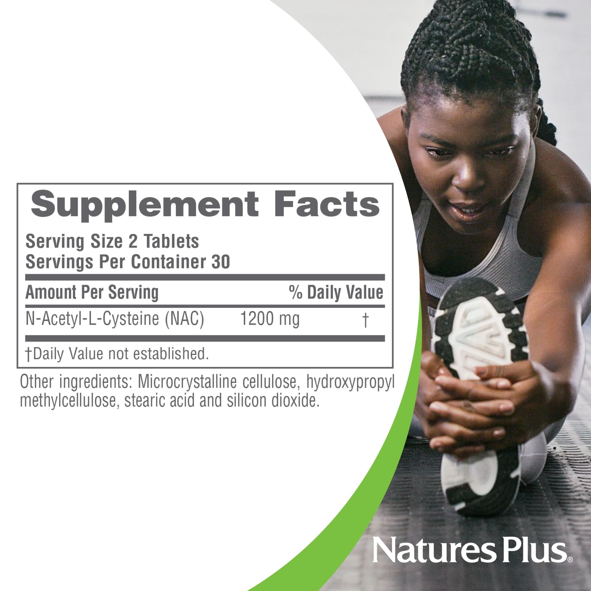 NaturesPlus PRO NAC 1200 mg bottle with tablets on a white surface