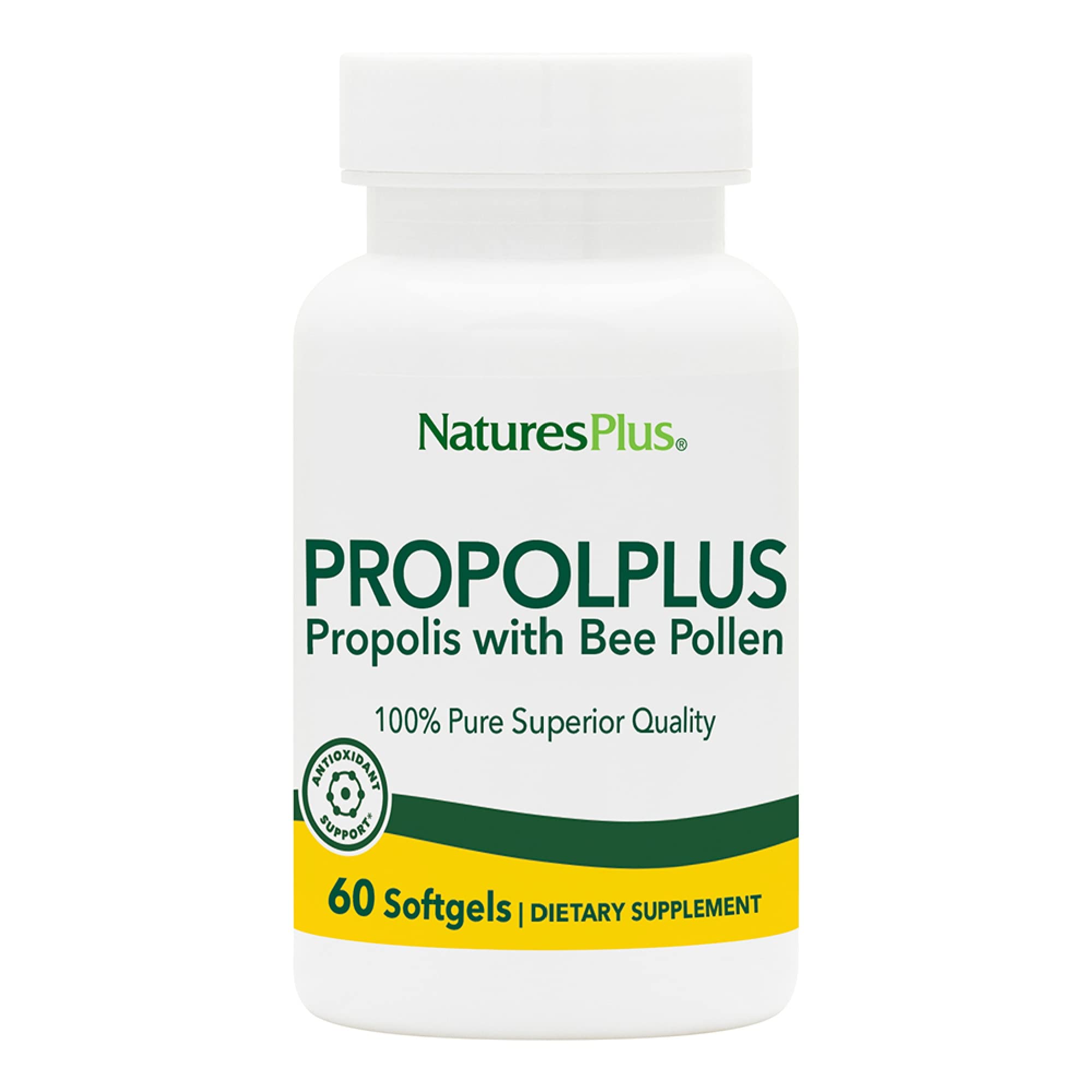 NaturesPlus Propolplus bottle label showing 180 mg propolis softgels with bee pollen