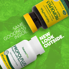 Softgel capsules and bottle display for Propolplus bee propolis with bee pollen