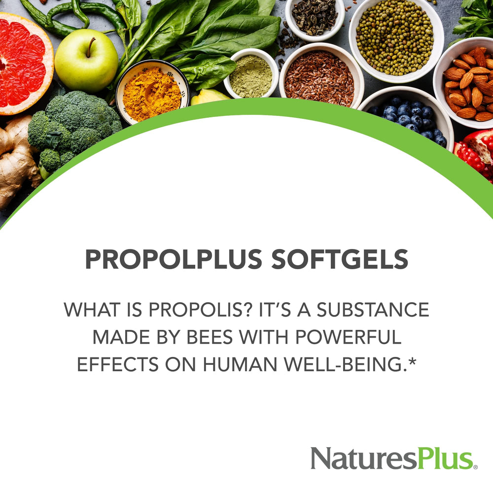 NaturesPlus Propolplus bottle angled view with packaging imagery