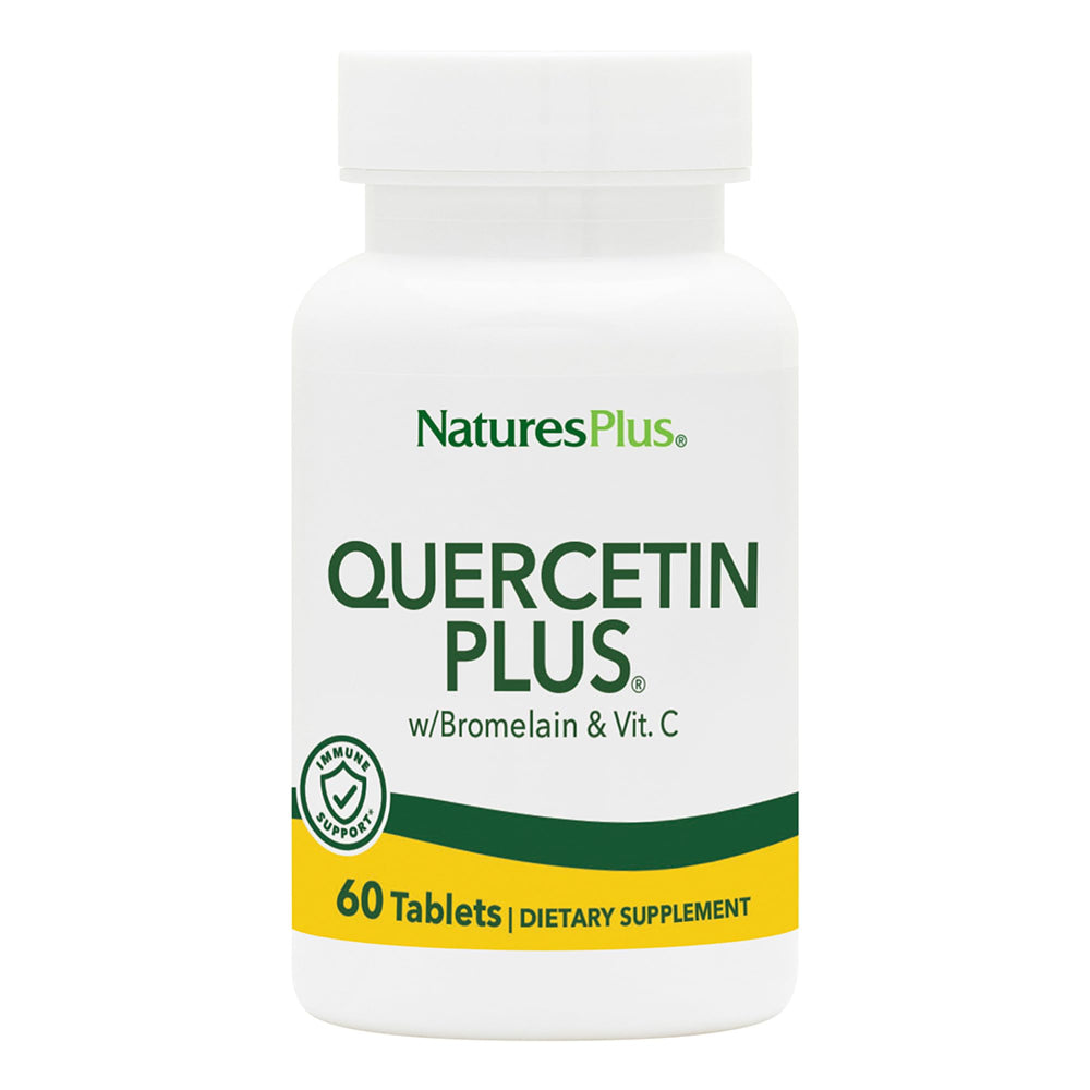 Front view of NaturesPlus Quercetin Plus bottle showing 650 mg quercetin with vitamin C and bromelain