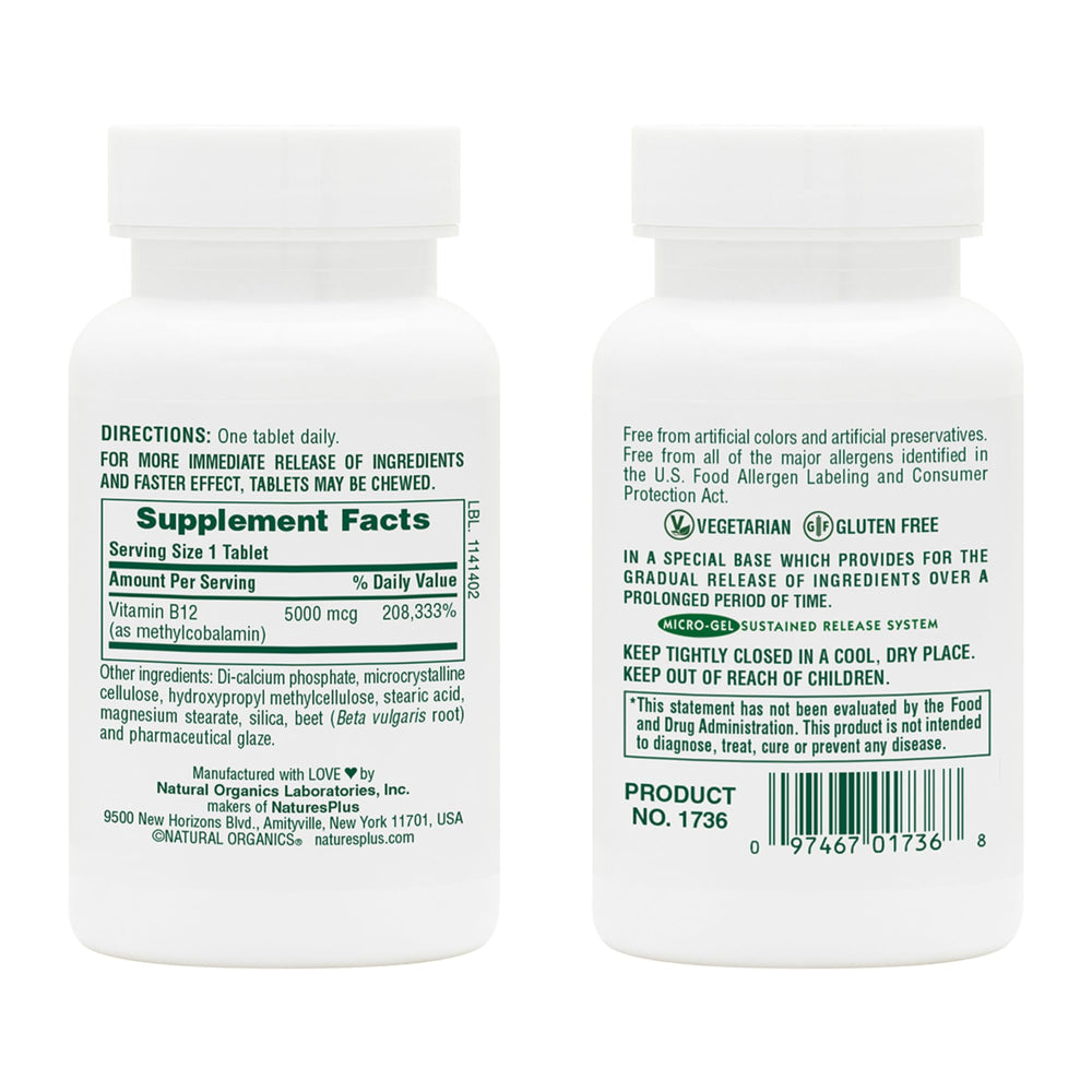 NaturesPlus Shot-O-B12 5000 mcg 60-serving pack – back of packaging