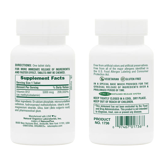 NaturesPlus Shot-O-B12 5000 mcg 60-serving pack – back of packaging