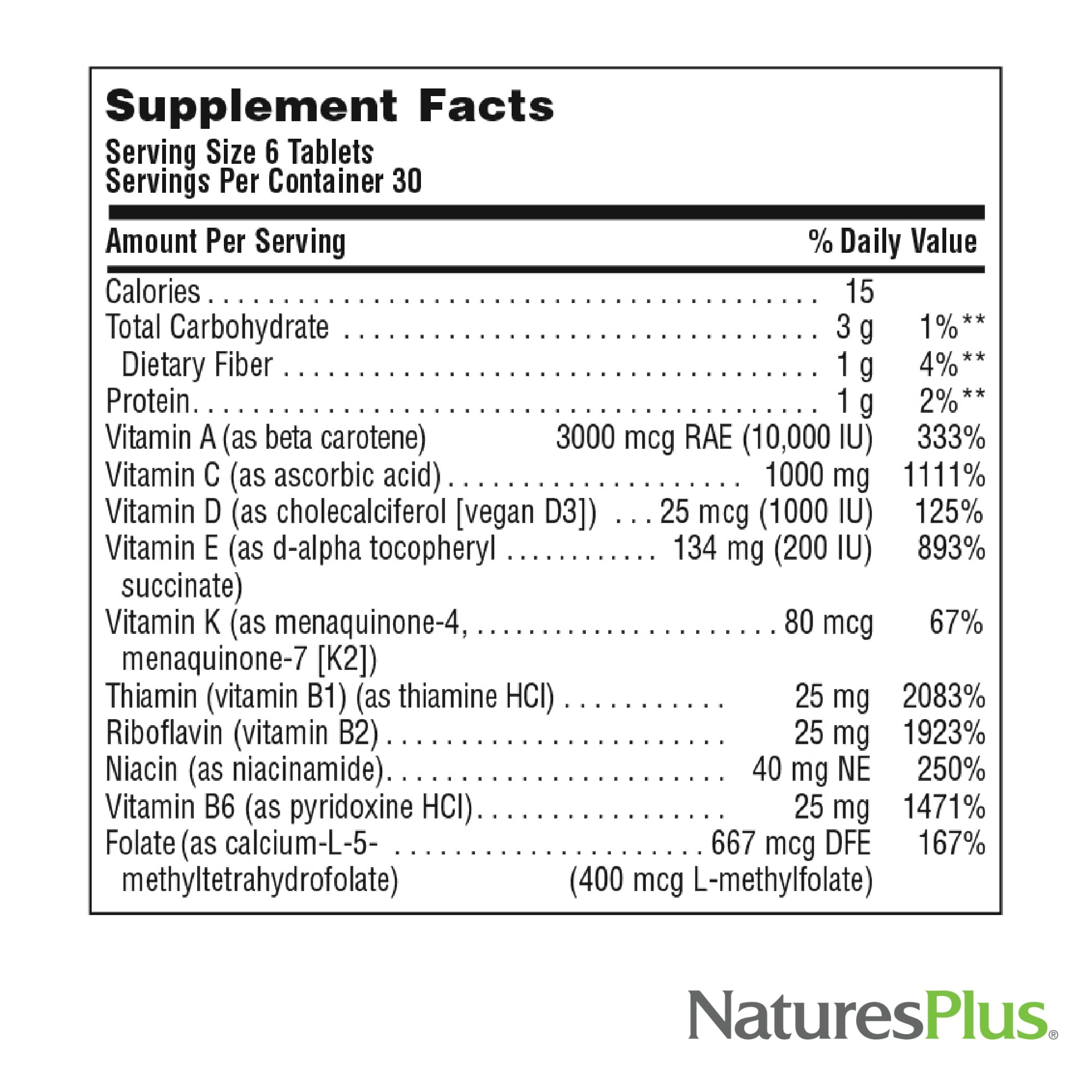 NaturesPlus Source of Life Mini-Tabs No Iron label detail communicates quality and ingredients