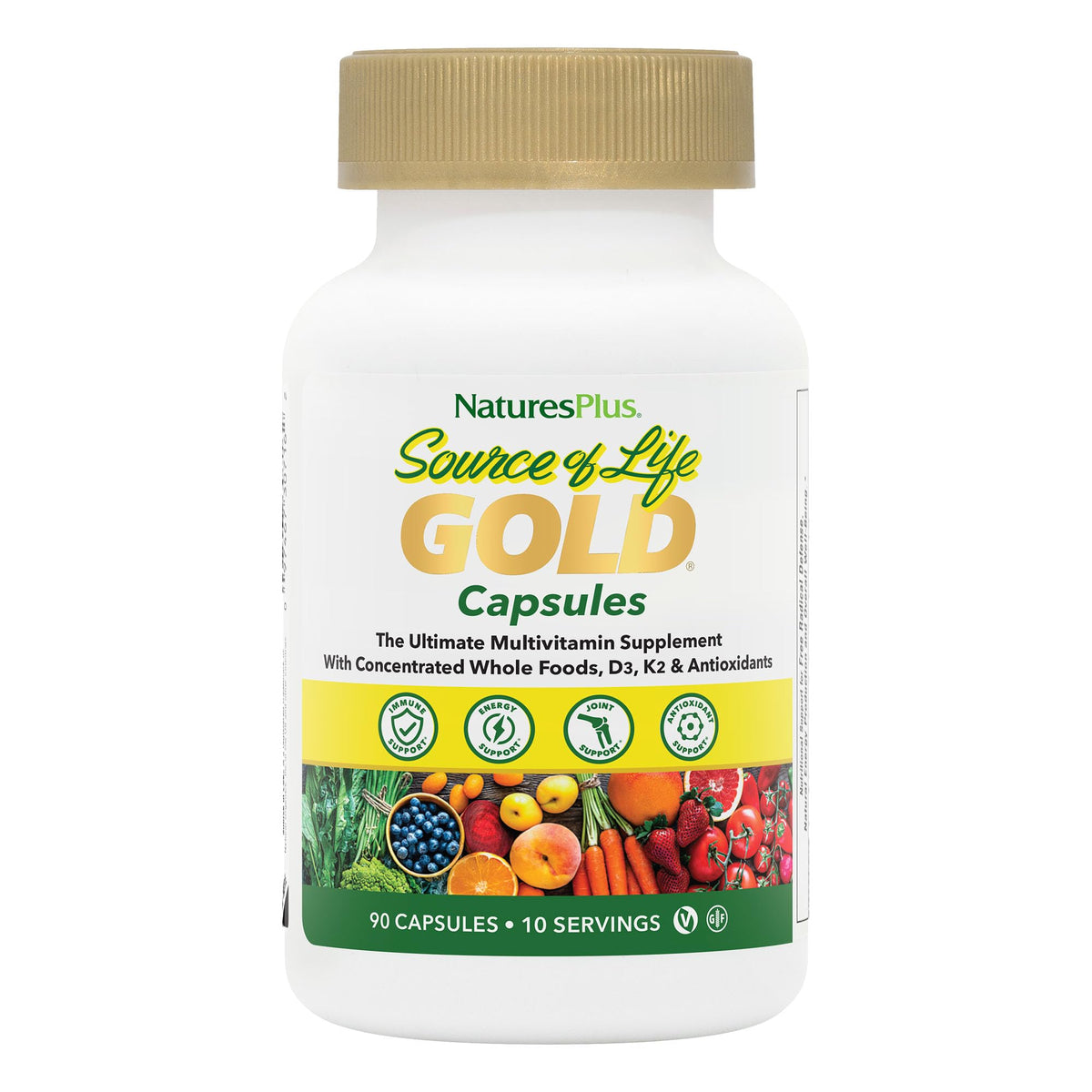 Front view of NaturesPlus Source of Life Gold bottle with 90 vegetarian capsules