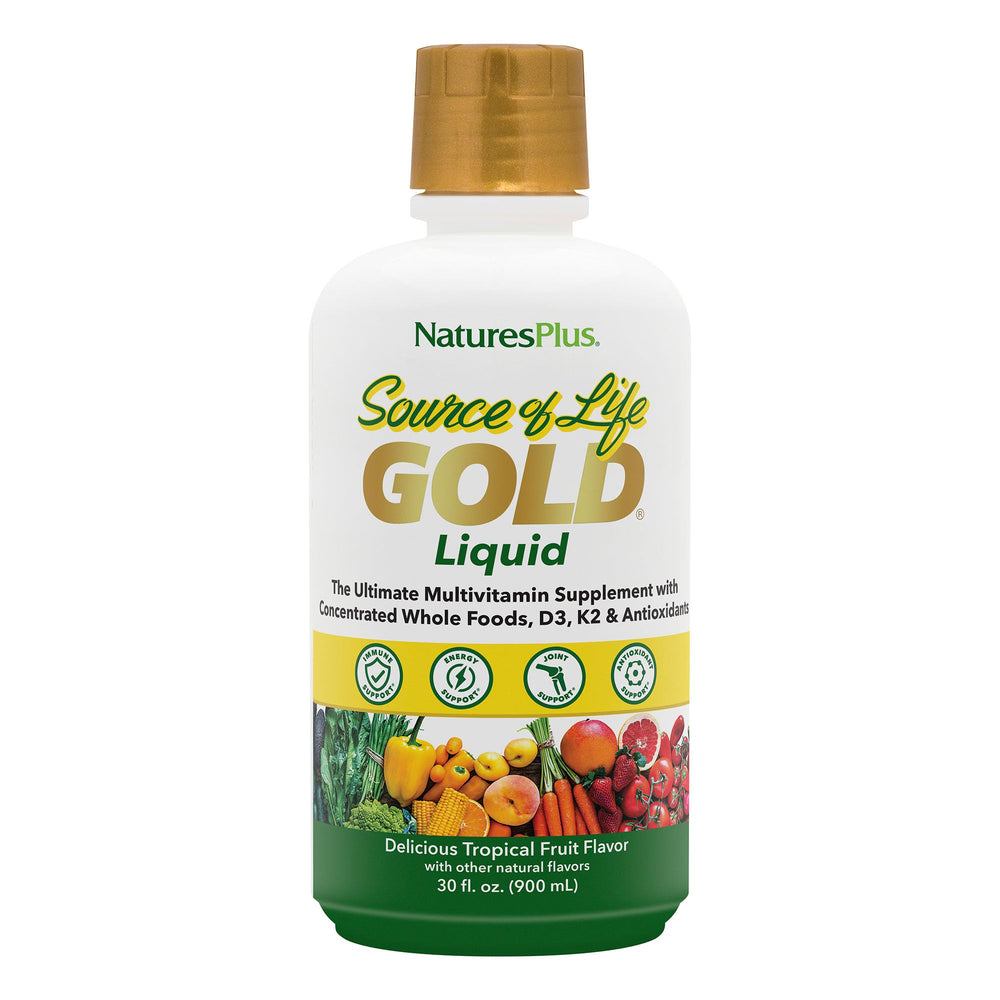NaturesPlus Source of Life Gold bottle being poured for daily energy support.
