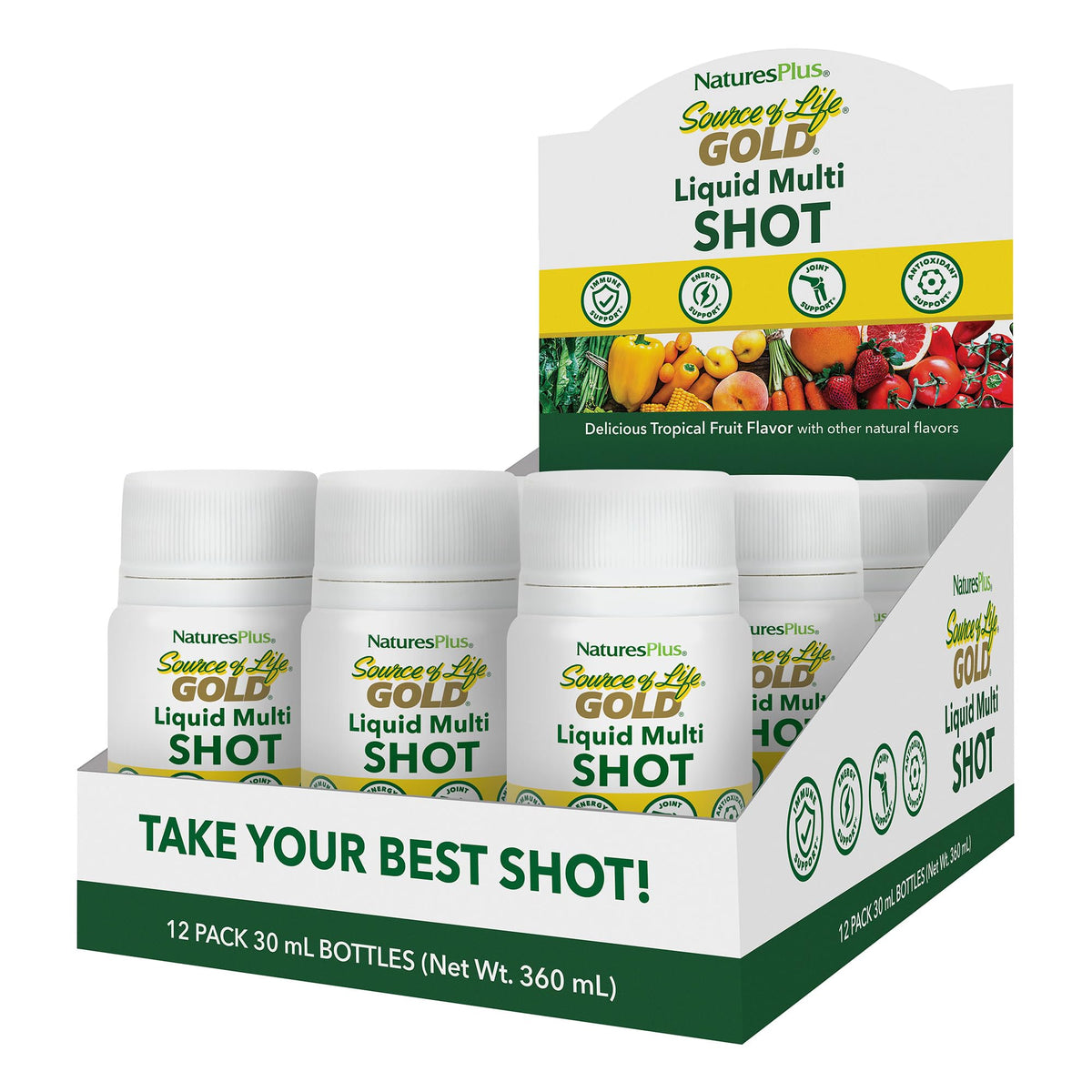 NaturesPlus Source of Life Gold Liquid One Shot bottle with tropical fruit flavor, 1 oz