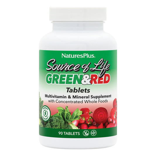 Front view of NaturesPlus Source of Life Green & Red Multivitamin 90 tablets