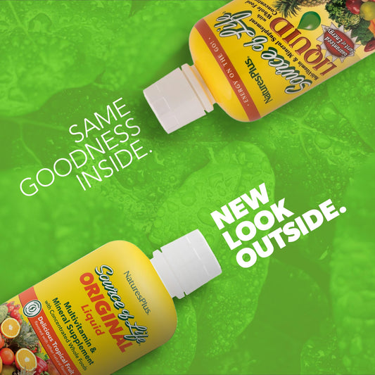 Back panel showing ingredients and nutrition facts for NaturesPlus Source of Life Liquid Tropical Fruit 3-pack