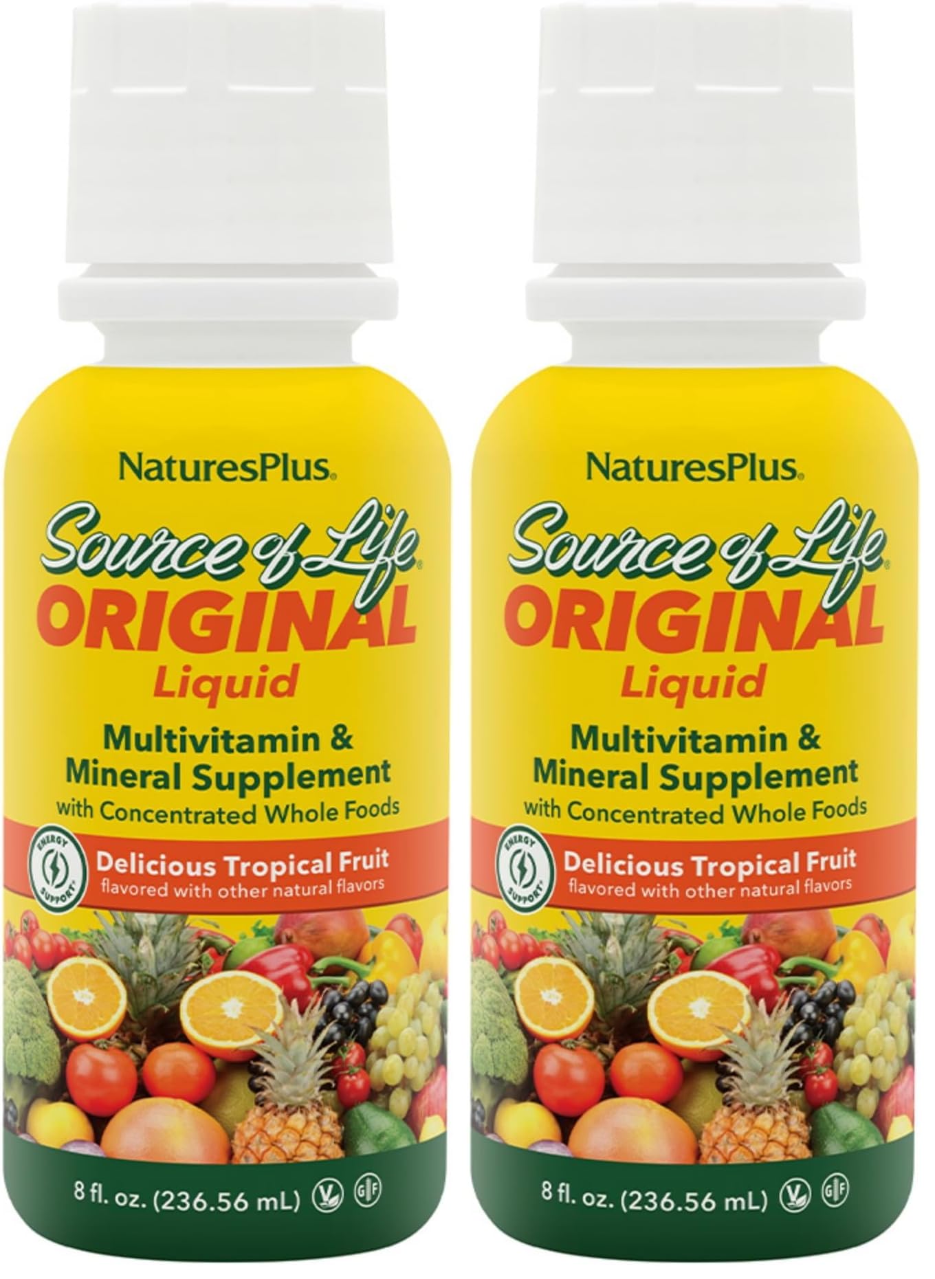 Bottle of NaturesPlus Source of Life Liquid Tropical Fruit 8 fl oz pack of 2 – front view
