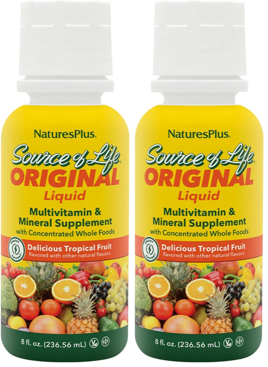 Bottle of NaturesPlus Source of Life Liquid Tropical Fruit 8 fl oz pack of 2 – front view