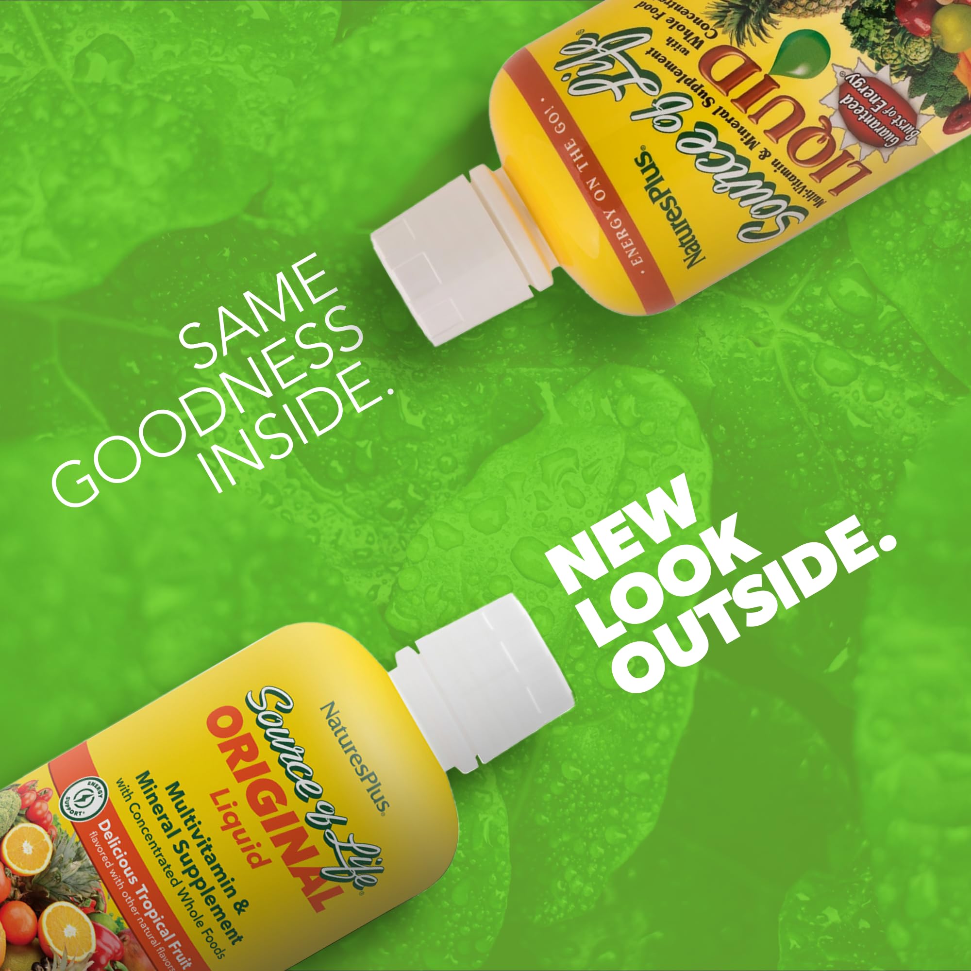 NaturesPlus Source of Life Liquid Tropical Fruit bottle packaging for on-the-go wellness.