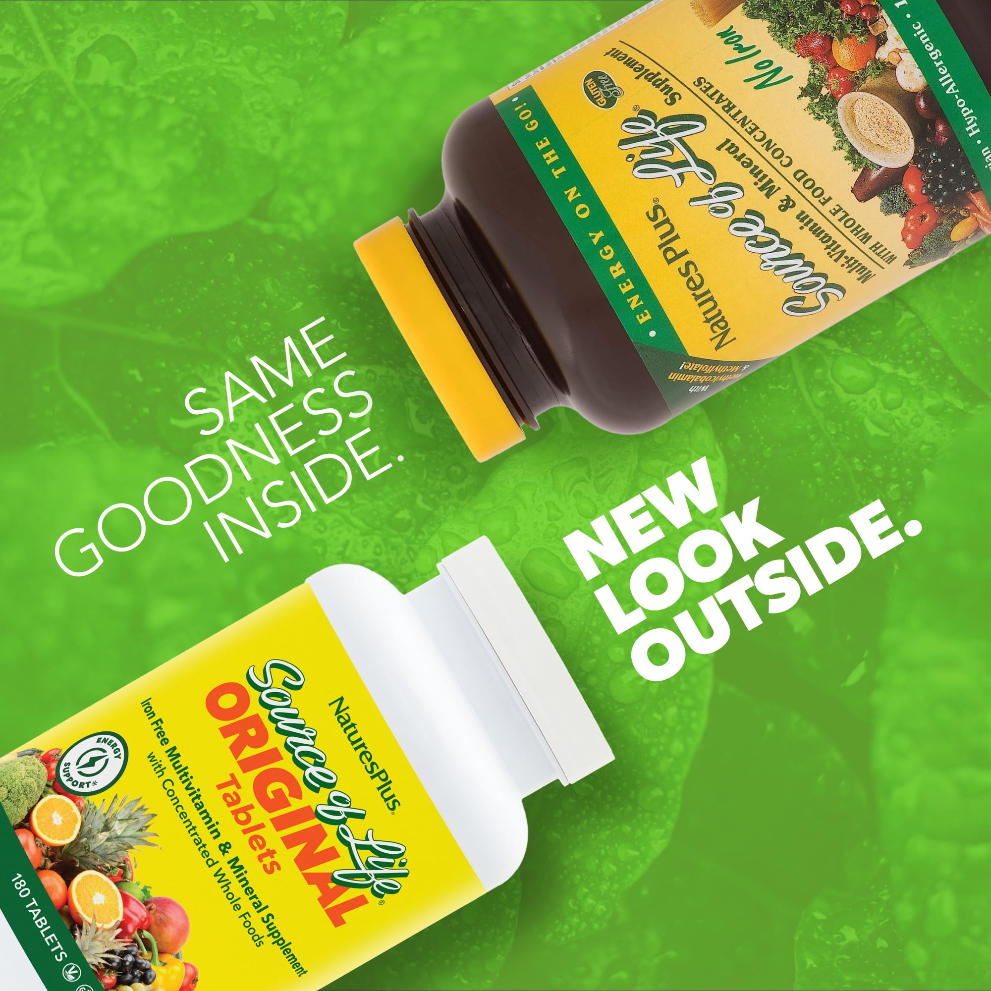 Close-up of the Source of Life No Iron label showing vegetarian and gluten-free features.