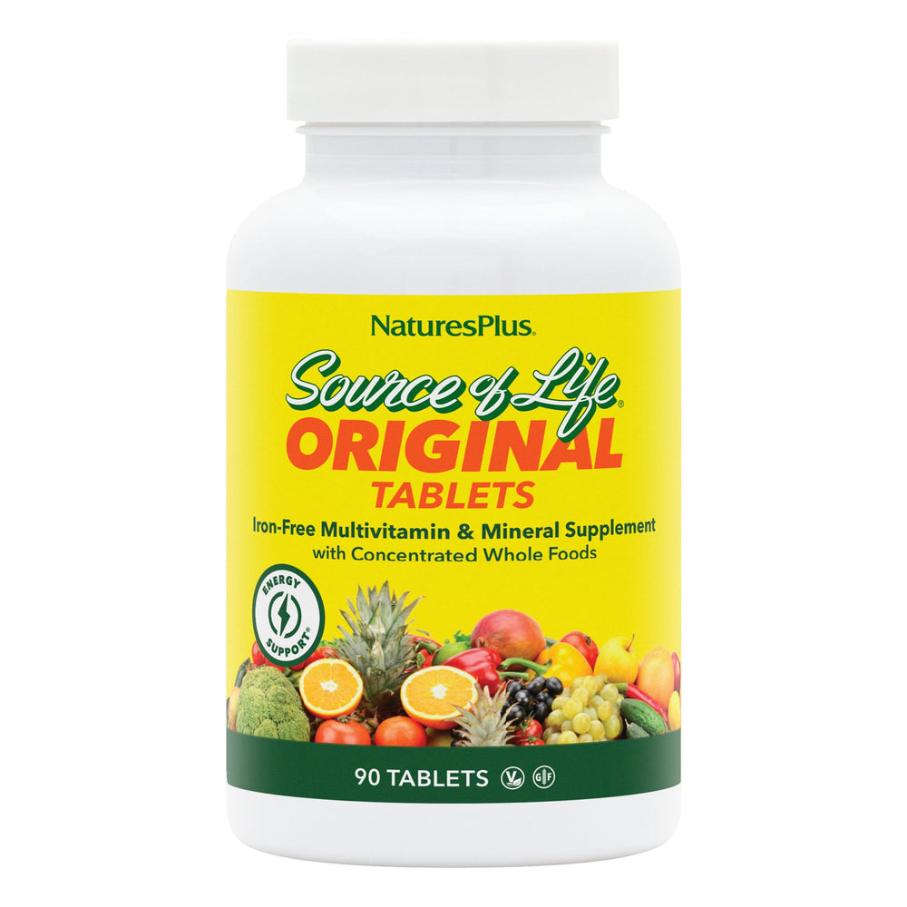 NaturesPlus Source of Life No Iron tablets in a bottle for daily energy.