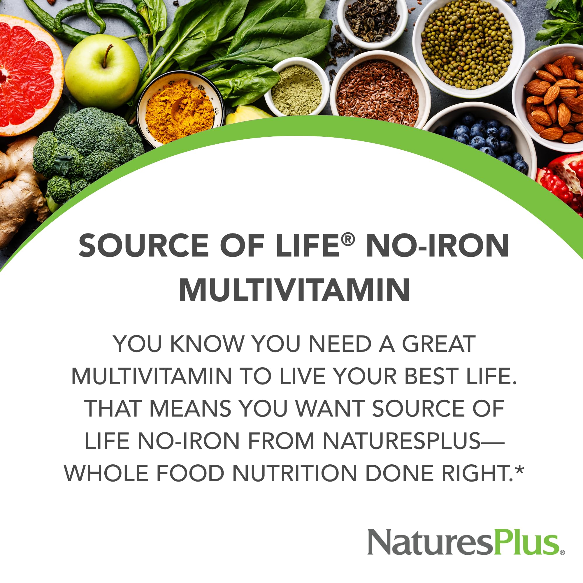 NaturesPlus Source of Life No Iron ingredients highlight whole-food blend.