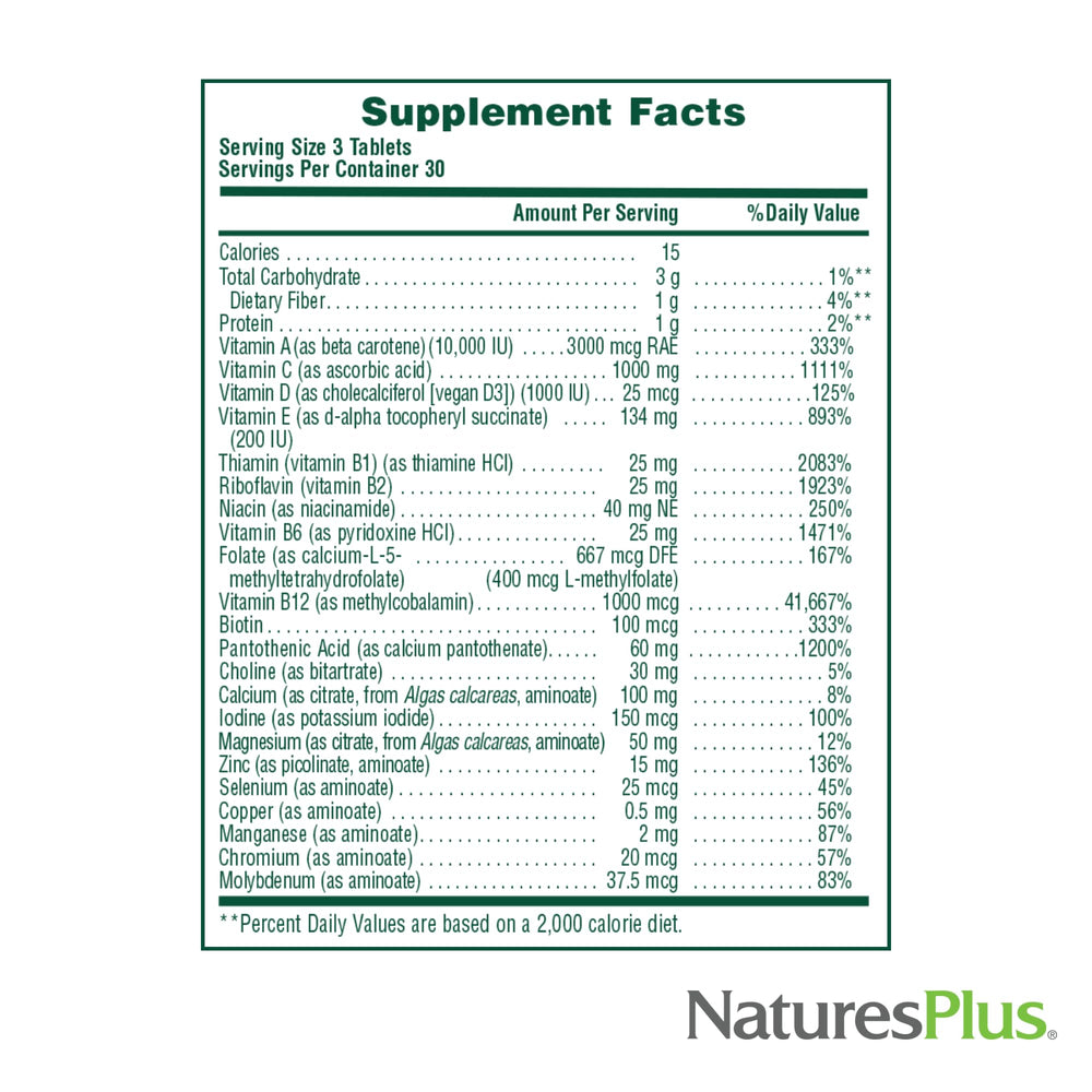 NaturesPlus Source of Life No Iron vegetarian formulation for plant-based nutrition.