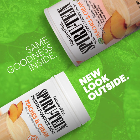 SPIRU-TEIN Peaches & Cream label close-up