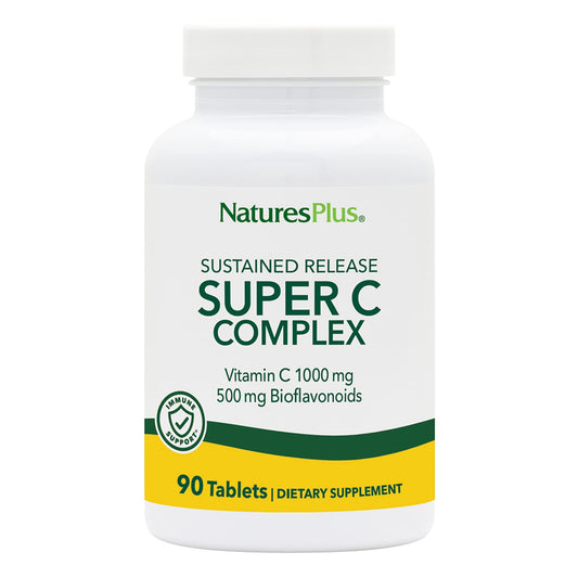 Front view of NaturesPlus Super C Complex bottle showing 1000 mg per serving and 90 vegetarian tablets