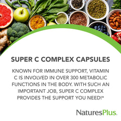 NaturesPlus Super C Complex bottle back-label displaying ingredients and vegan gluten-free info.