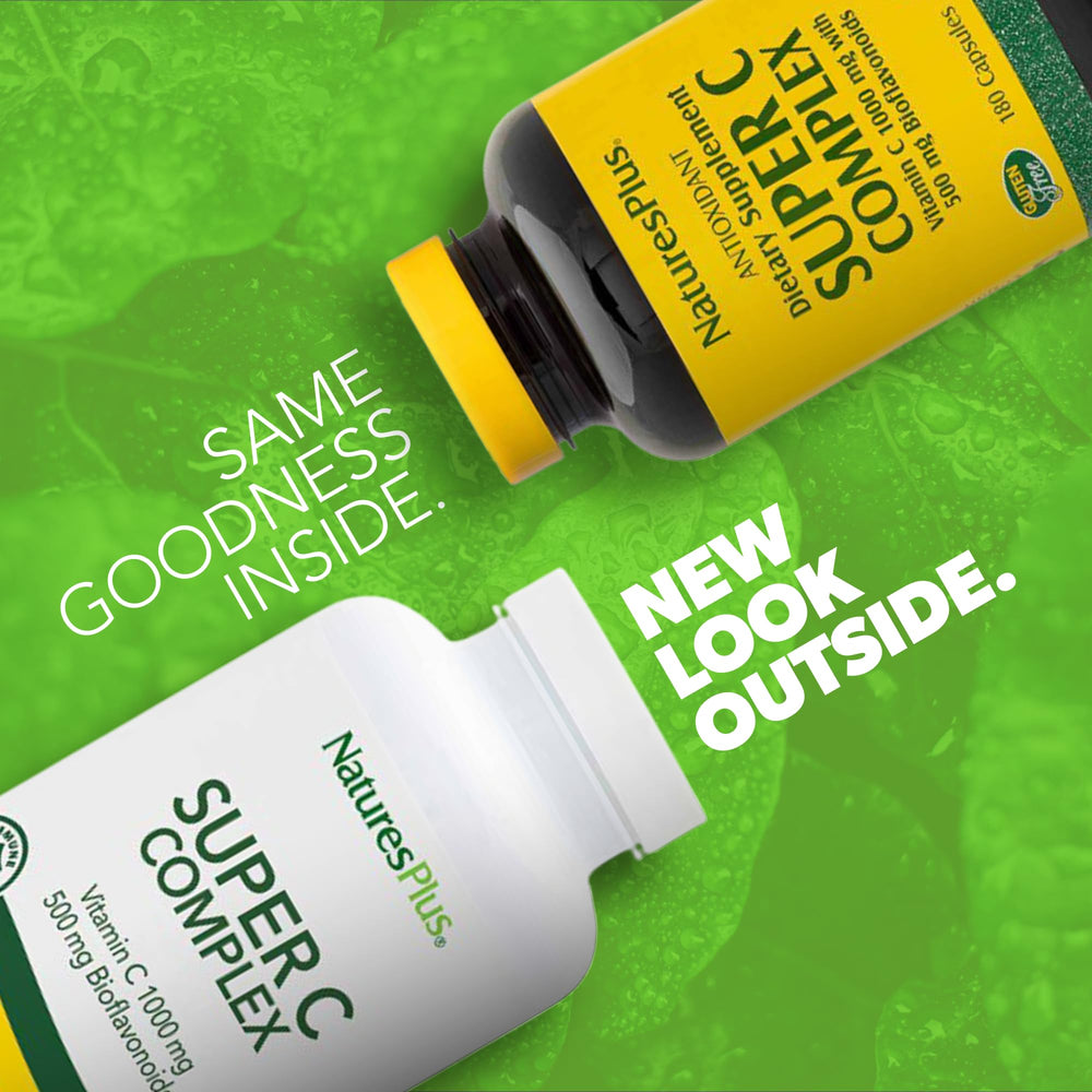 NaturesPlus Super C Complex capsules closeup highlighting 1000mg vitamin C per serving.