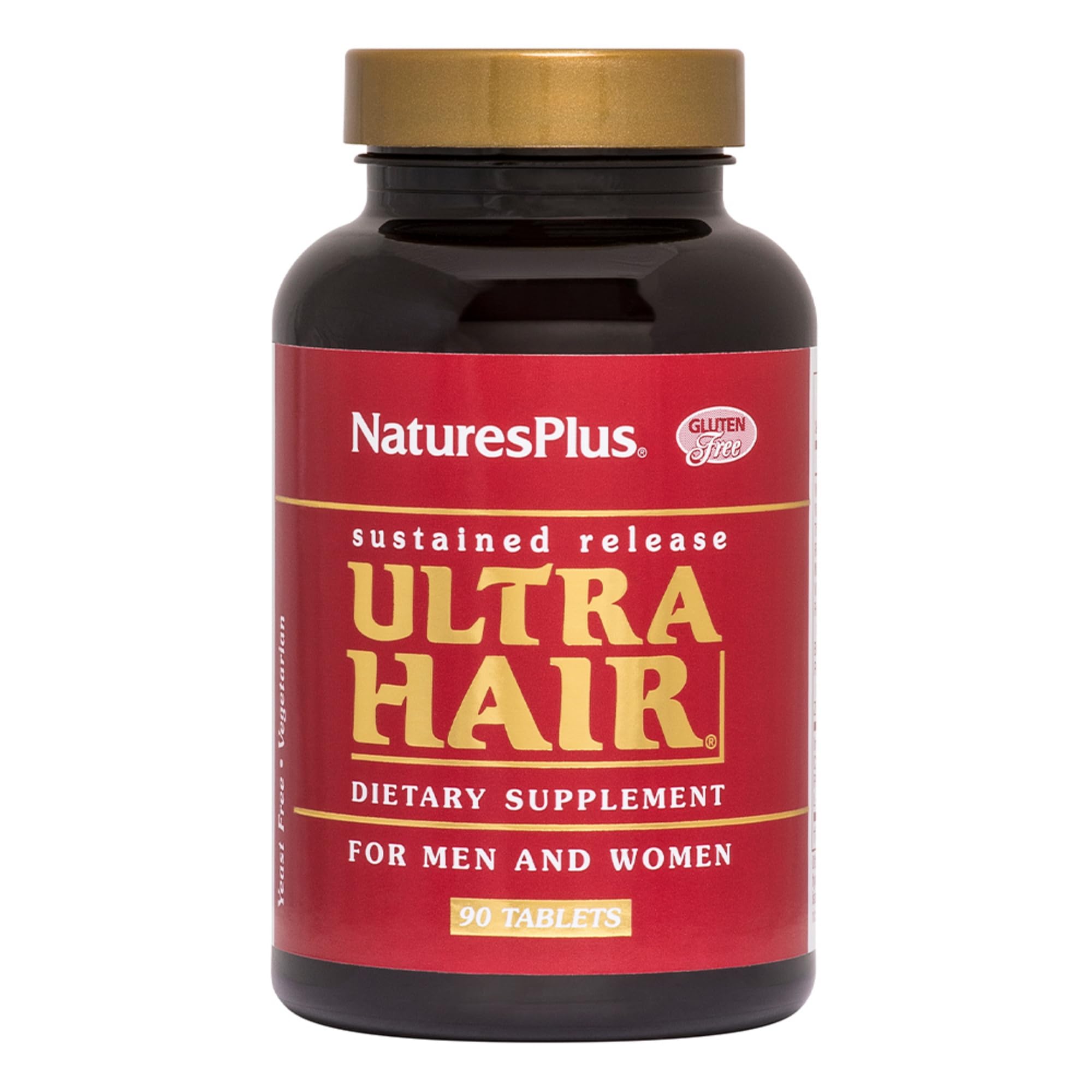 Front view of NaturesPlus Ultra Hair bottle and packaging (90 tablets, pack of 2)