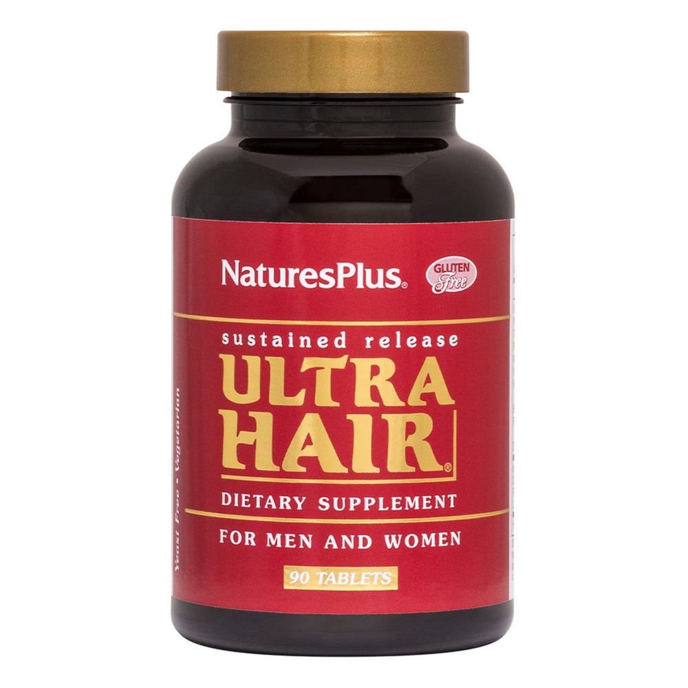Front view of NaturesPlus Ultra Hair bottle and packaging (90 tablets, pack of 2)