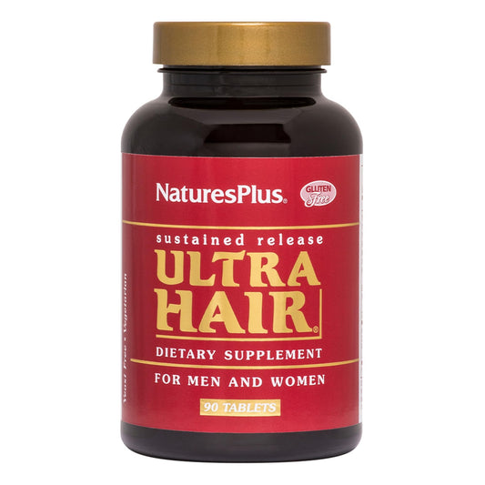 Front view of NaturesPlus Ultra Hair bottle and packaging (90 tablets, pack of 2)