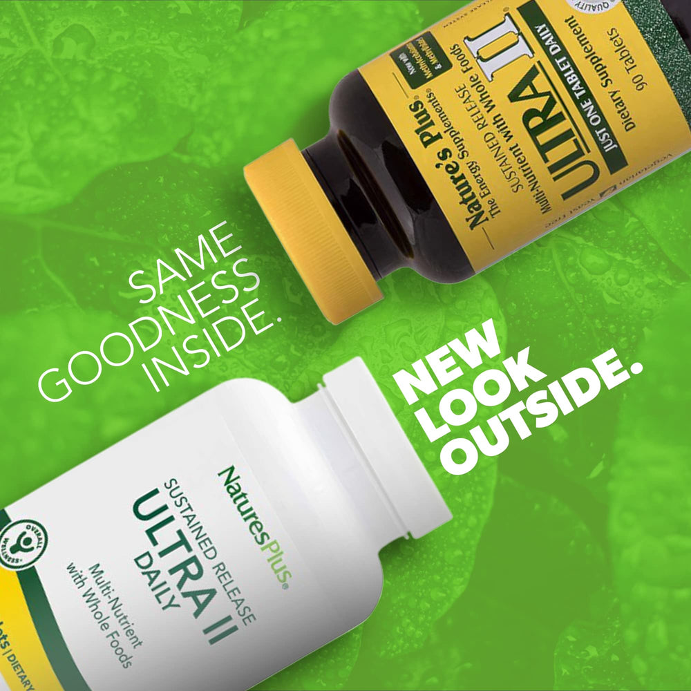 Side view of NaturesPlus Ultra II Daily bottle with label