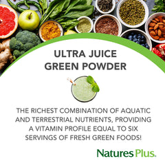 Graphic highlighting 19 organic greens and 7 marine superfoods