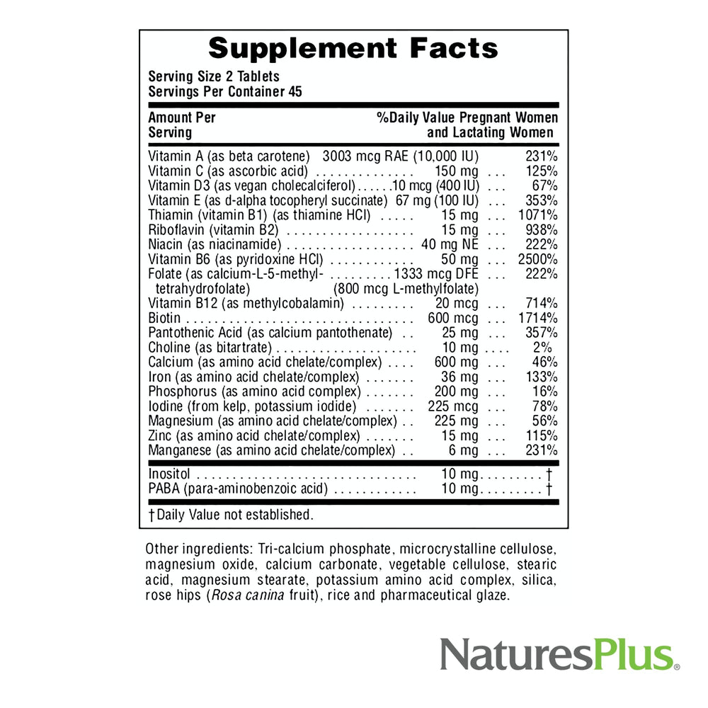 Nutrition facts label for NaturesPlus Ultra Prenatal Multivitamin
