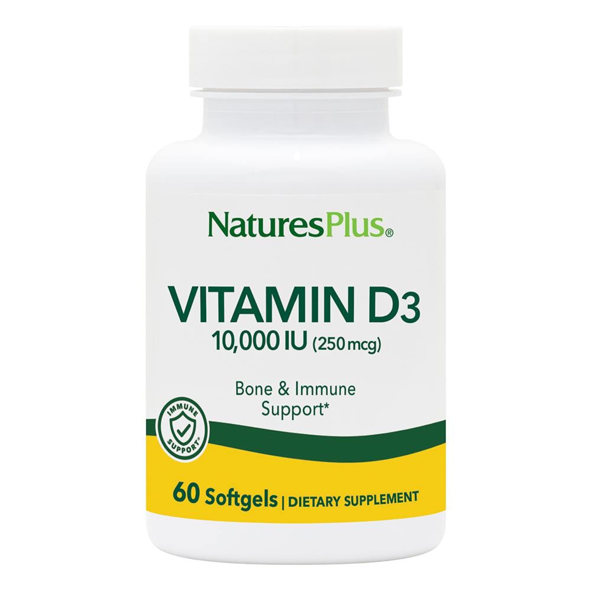 Front view of NaturesPlus Vitamin D3 10,000 IU bottle with 60 softgels