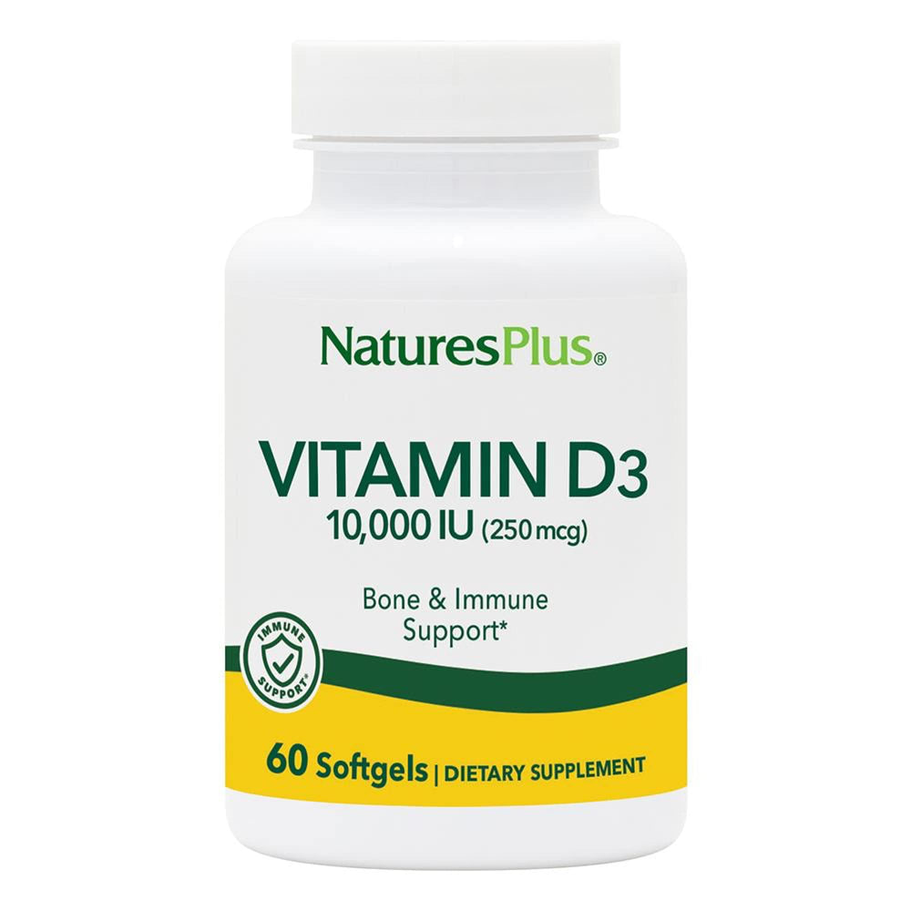 Front view of NaturesPlus Vitamin D3 10,000 IU bottle with 60 softgels