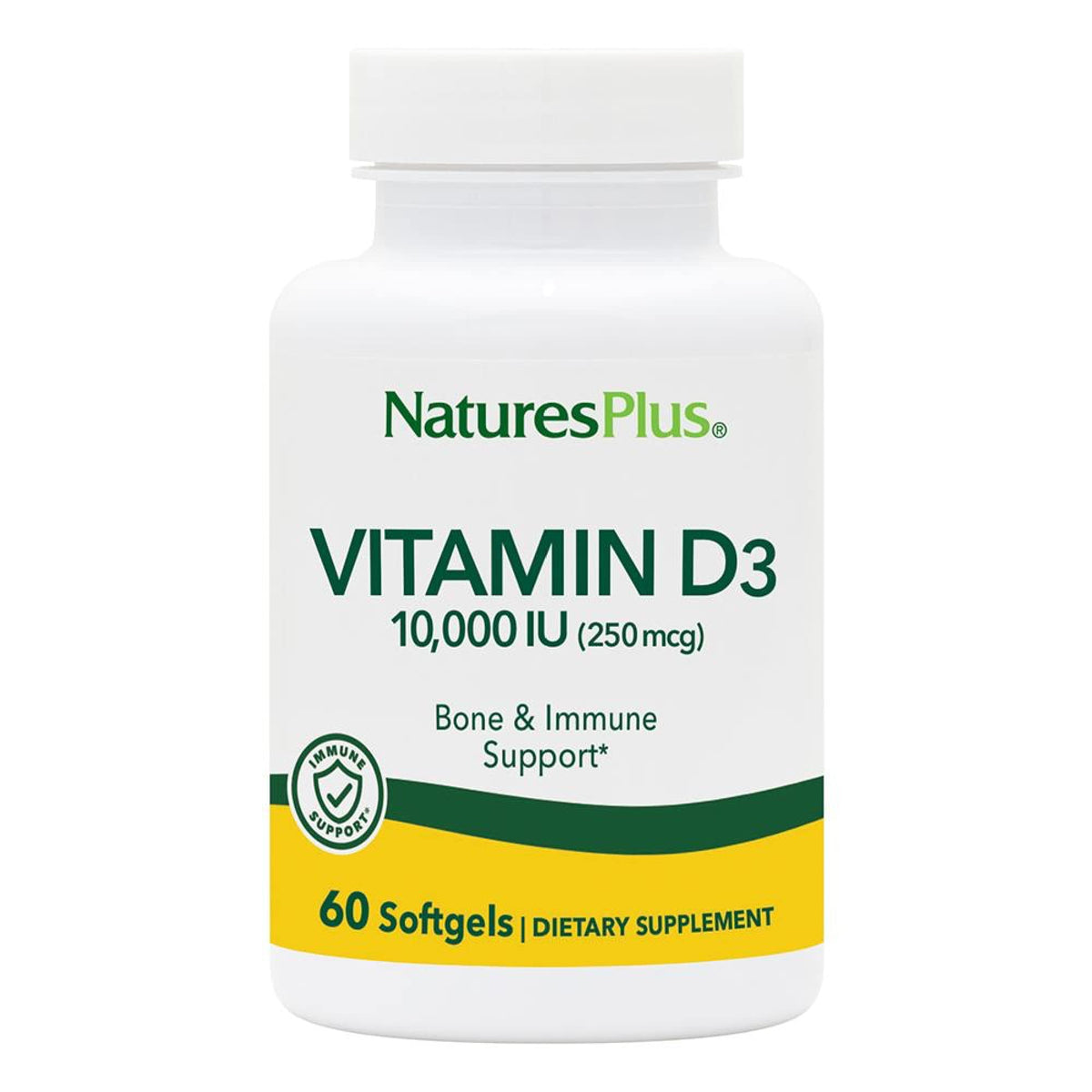 Front view of NaturesPlus Vitamin D3 10,000 IU bottle with 60 softgels